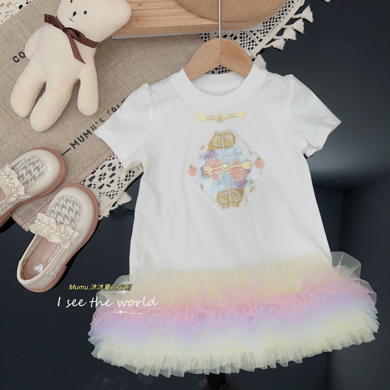女の子の新しい中国式tシャツのスカートの新型の2024の赤ちゃんのワンピースの夏の洋風の韓国版の刺繍は中国風を掛けます。|undefined