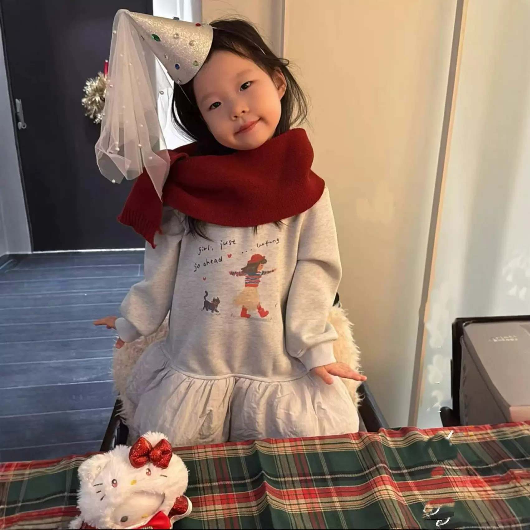 韩系女童可爱加绒卫衣裙子25秋冬新款儿童加厚卡通拼接花苞连衣裙