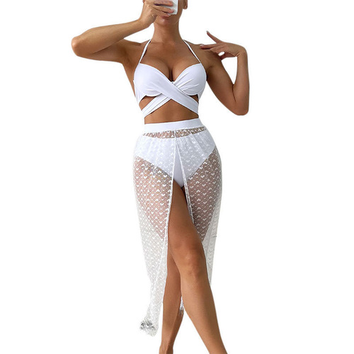 2024 New Women's Swimwear Set of 3 Amazon Sexy Multicolor Sun Protection Net Gauze Long Skirt Beach Bikini