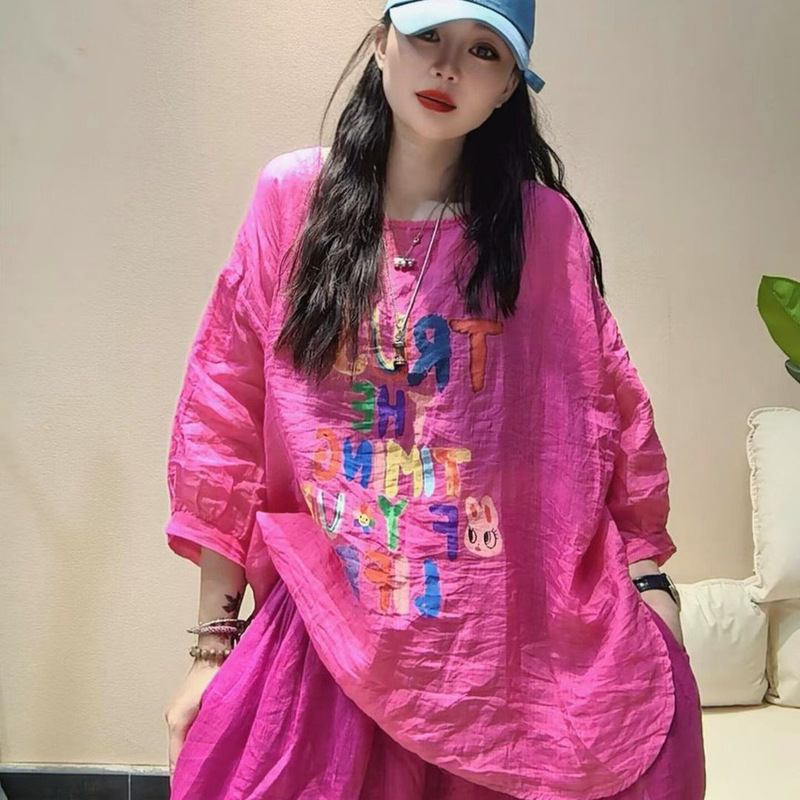 2026 Summer New Women's Round-Neck Japanese-Style Ramie Pullover Top with Artistic Print and Sun Protection 2026 Summer New Women's Round-Neck Japanese-Style Ramie Pullover Top with Artistic Print and Sun Protection