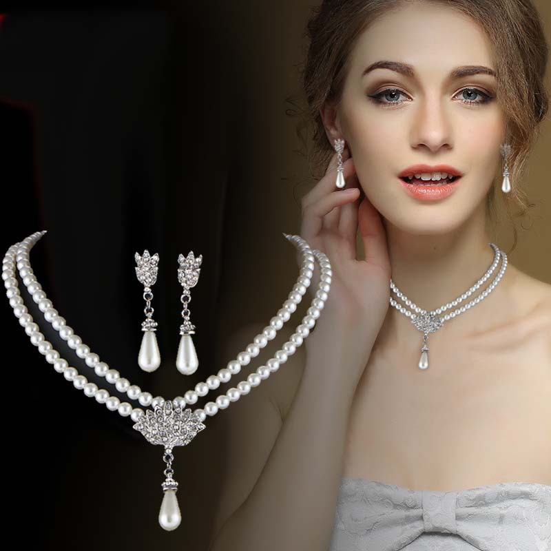 欧美跨境饰品 新娘珍珠项链3件套水晶镶钻短款锁骨颈项链套装