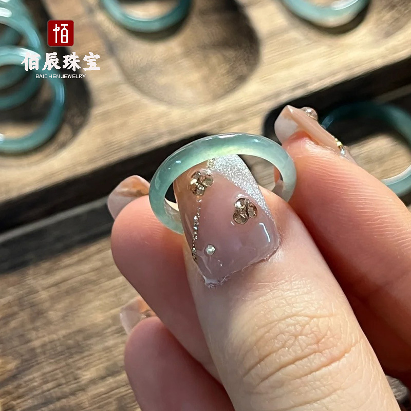 Jadeite Ring Ice Jade Stone Jiangnan Smoky Rain Ring Oil Cyan Chinese Style Finger Ring Net Red Little Red Book