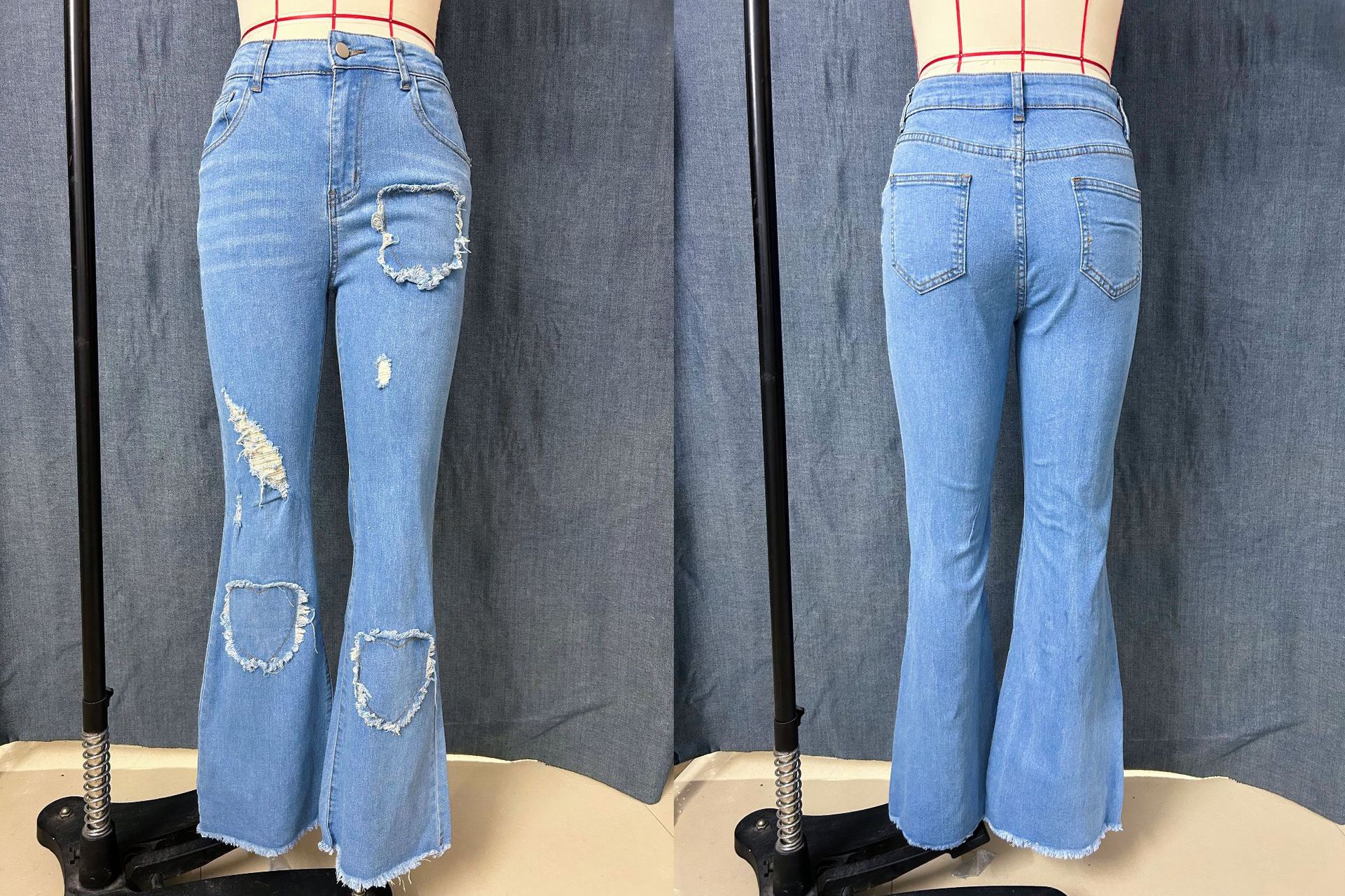 Women's Stretchy Flared Jeans With Heart Embroidery & Distressed Details - High Waist Bell Bottom Pants In Light Blue_mkmklike.com