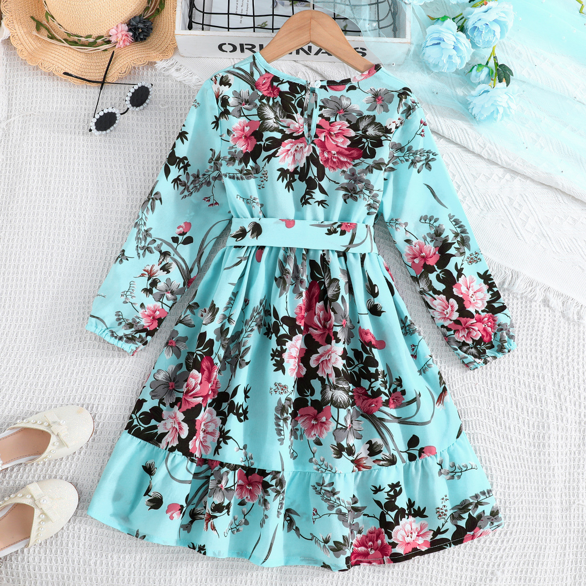 2024 Sommer neues zweiteiliges Set mit Blumendruck für Mädchen und Kinder mit langen Ärmeln und Gürtel_voghion.com