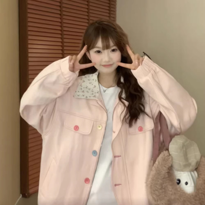 Pink Floral Contrast Lapel Jacket for Women Spring & Fall 2025 New Loose, Sweet and Cute Design Niche Jacket