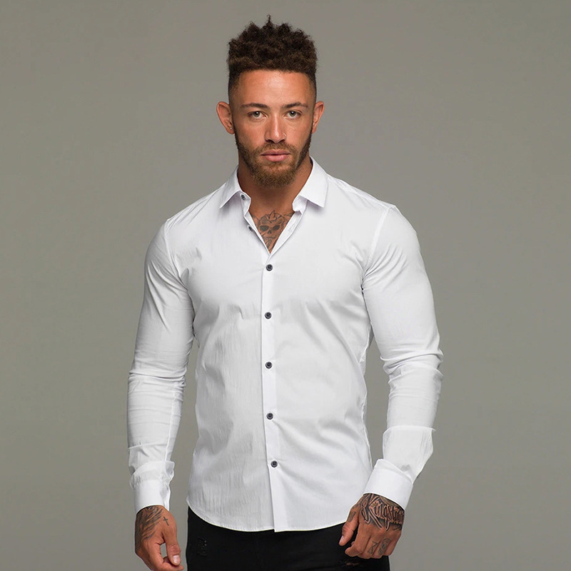 Foreign Trade Hot Sale Summer Thin Slim-fit Lapel Fitness Shirt Men's Non-ironing Stretch Sports Long-sleeved Cardigan T-shirt