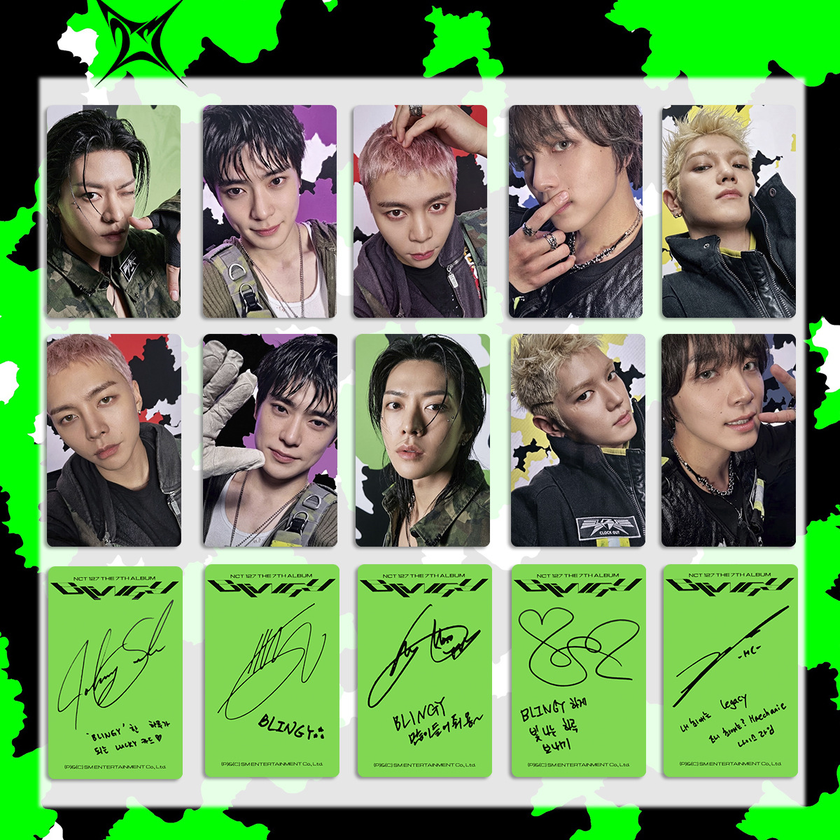 NCT 127 BLINGY merchandise, including special cards, JET poster album cards, and a card featuring Jung Jae-hyun