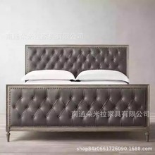 RH实木真皮主卧床美式乡村复古双人床现代简约婚床意式轻奢橡木床