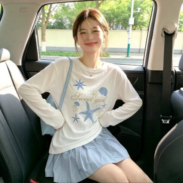 Women's pure cotton long-sleeve t-shirt, early autumn thin loose-fitting casual top, fresh and stylish, age-reducing base shirt for layering Women's pure cotton long-sleeve t-shirt, early autumn thin loose-fitting casual top, fresh and stylish, age-reducing base shirt for layering