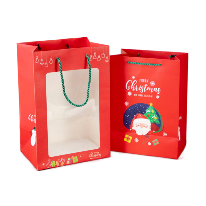 Navidad de alto valor, caricatura, Papá Noel, renos, muñeco de nieve, ventana transparente, regalo, bolsa de papel