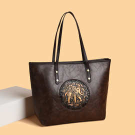 民族风吉象压花跨境手提女包2025新款复古通勤大容量单肩腋下包包