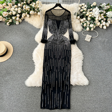 欧美连衣裙女2024新款轻奢设计感烫钻毛圈长袖修身长款网纱礼服裙