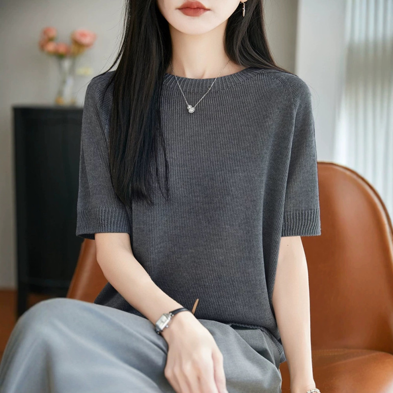 Cross-Border Wholesale of High-End Ready-To-Wear Seamless Pearl Linen Short-Sleeve Women's Pullover Knitwear, Summer Lightweight Plus-Size Tops Cross-Border Wholesale of High-End Ready-To-Wear Seamless Pearl Linen Short-Sleeve Women's Pullover Knitwear, Summer Lightweight Plus-Size Tops