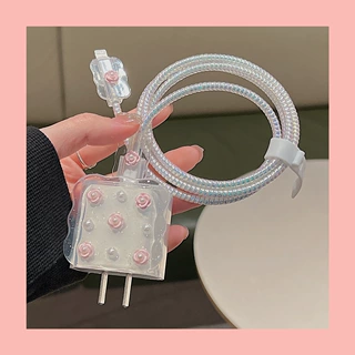 粉色玫瑰滴胶款适用苹果数据线保护套14充电器头12快充20w壳11女