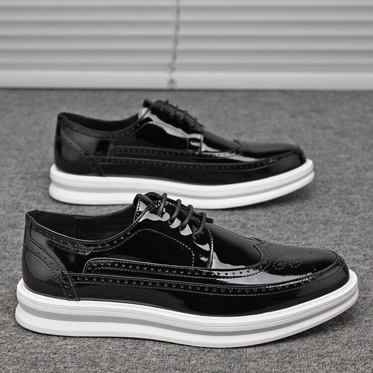 Patent Leather Carved Trendy Shoes British Style Versatile Casual Men's Shoes Business Formal Brogue Leather Shoes Men's White Korean Version