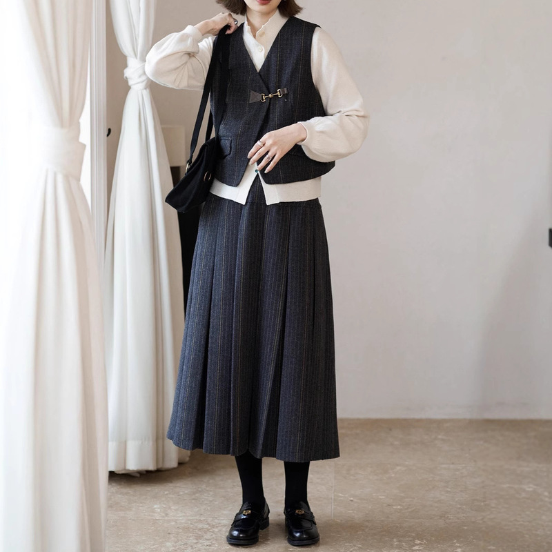 "Line Drawing" "Hogwarts" Retro Plaid Woolen Suit/Pleated Skirt/Vest suit Women Autumn and Winter