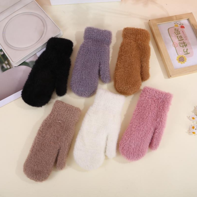 ins防寒手套女冬季韩版纯色加厚加绒仿貂毛骑车学生保暖连指手套