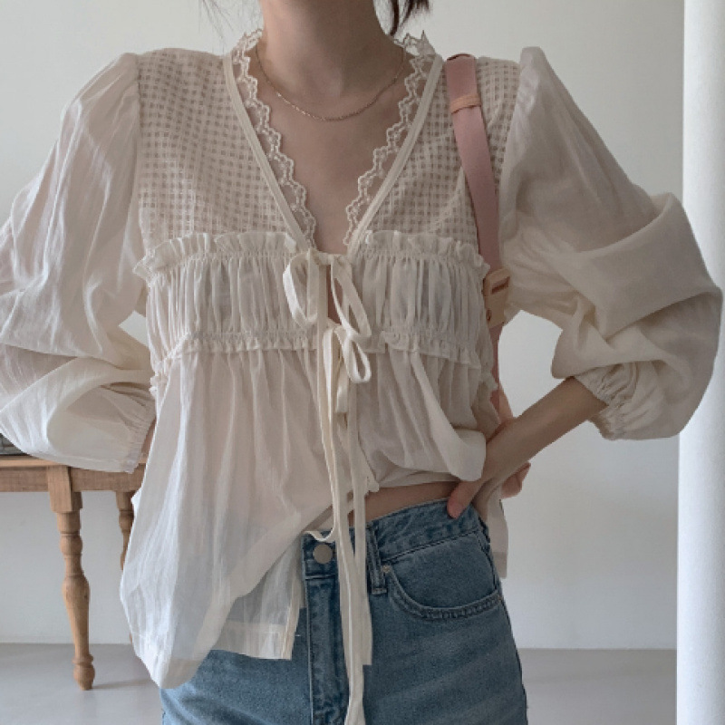 in stock Sweet V-Neck Lace Elegant Tether Long Sleeve Shirt