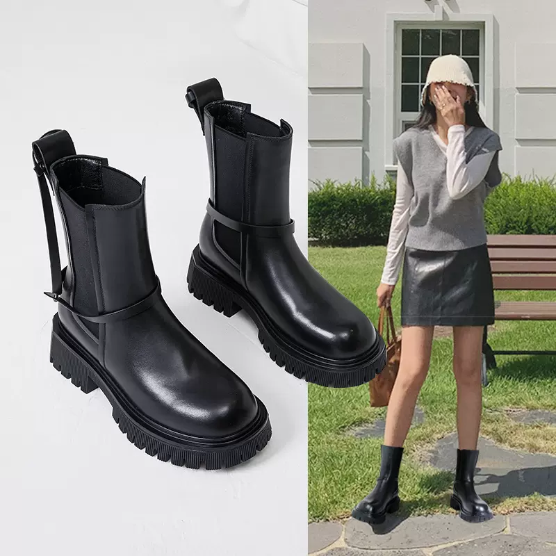 真皮切尔西靴女2023秋冬新款厚底高筒休闲马丁靴女套脚百搭长靴女