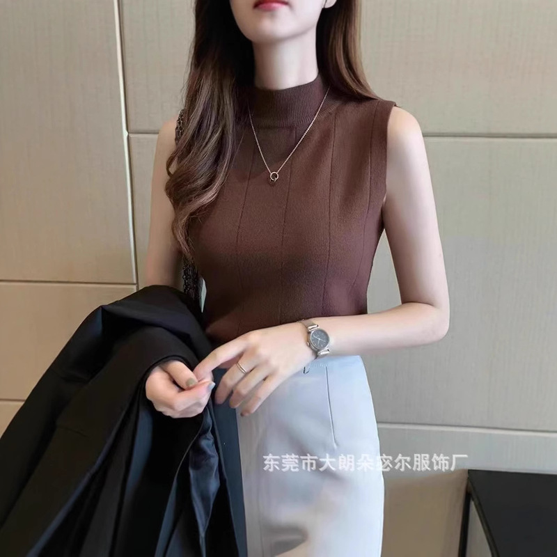 Half-high Collar Knitted Vest Women's Suit Slim-fit Autumn and Summer Western-style Inner Base Shirt Tight Sleeveless Mid-collar Top
