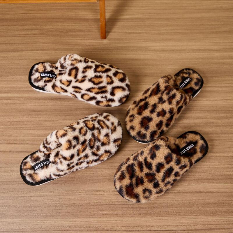 Cross-Border Spot Leopard Print Fur Slippers Amazon's Popular Home Indoor Warm Plus Velvet Cotton Slippers Foreign Trade Wholesale