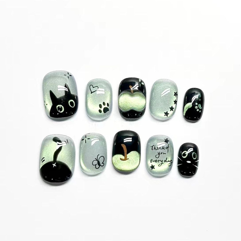Dark-style mint green cat-themed press-on nails with apple, star, and paw prints, sweet and cool girl beauty false nail patches, cross-border Dark-style mint green cat-themed press-on nails with apple, star, and paw prints, sweet and cool girl beauty false nail patches, cross-border