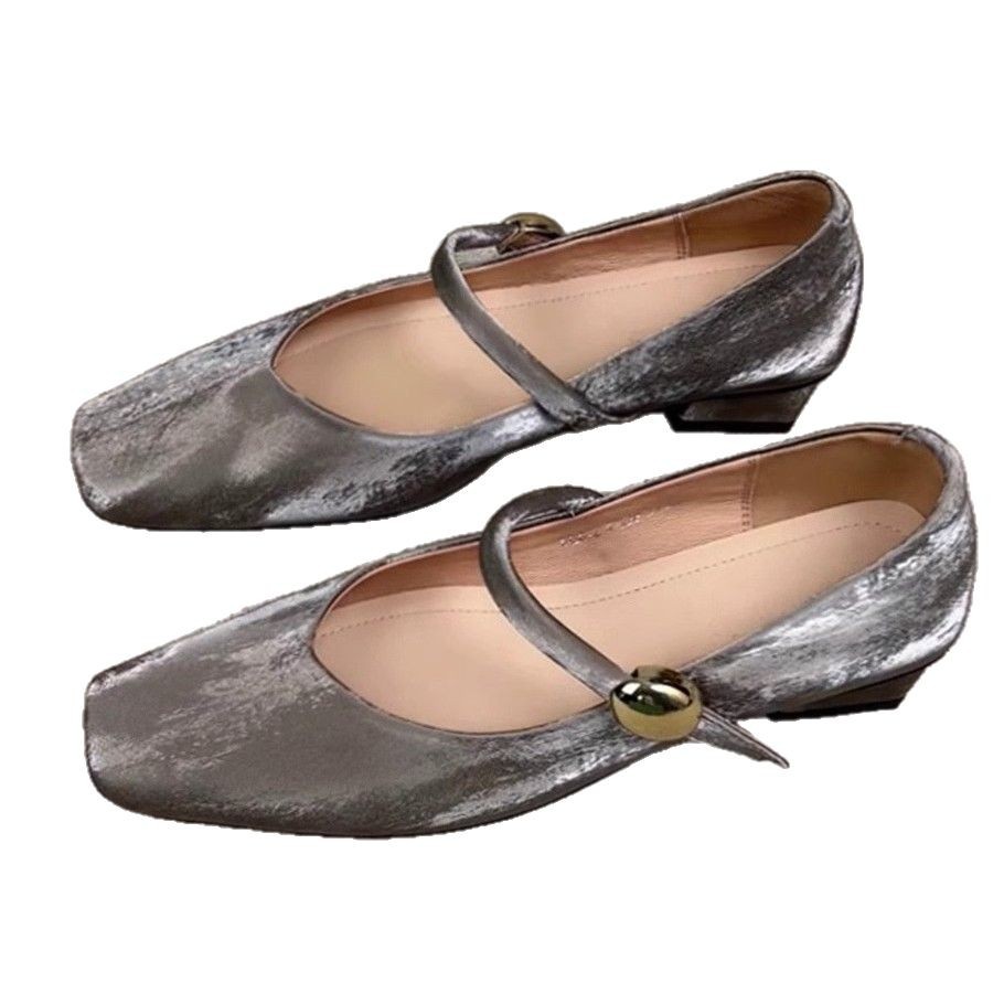 Piel de cordero súper suave ~ Zapatos individuales franceses, zapatos de ballet de tacón bajo con cabeza cuadrada para mujer, zapatos retro Mary Jane con hebilla