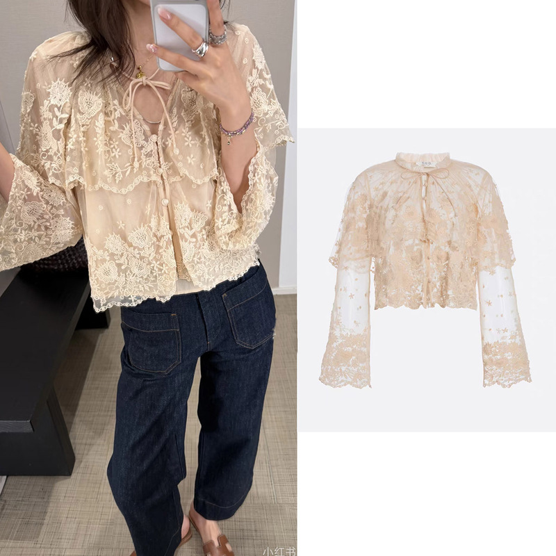 Custom-Made 26 Early Spring New Double-Layer Semi-Transparent Mesh Floral Embroidery Lace Top Fashionable Versatile Cape Shirt Custom-Made 26 Early Spring New Double-Layer Semi-Transparent Mesh Floral Embroidery Lace Top Fashionable Versatile Cape Shirt
