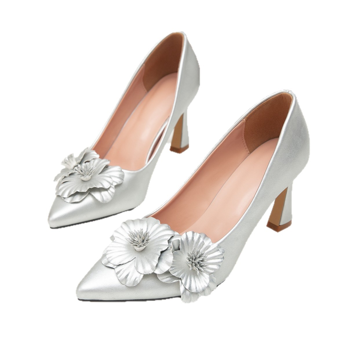 Escarpins argentés à bout pointu et talon épais pour femme, élégants, parfaits pour les mariages et les banquets, ornés de fleurs en 3D._voghion.com