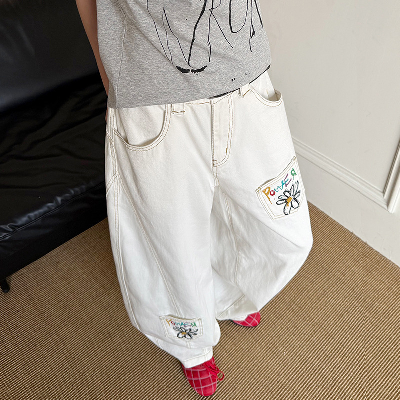 アメリカンレトロ花柄刺繍ワイドレッグスモールソードジーンズレディースヴィンテージスリムカップルカジュアルパンツ|undefined