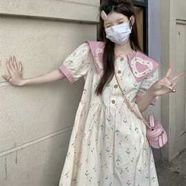 胖特大码300斤娃娃领碎花连衣裙女装夏季法式甜美减龄衬衫长裙2