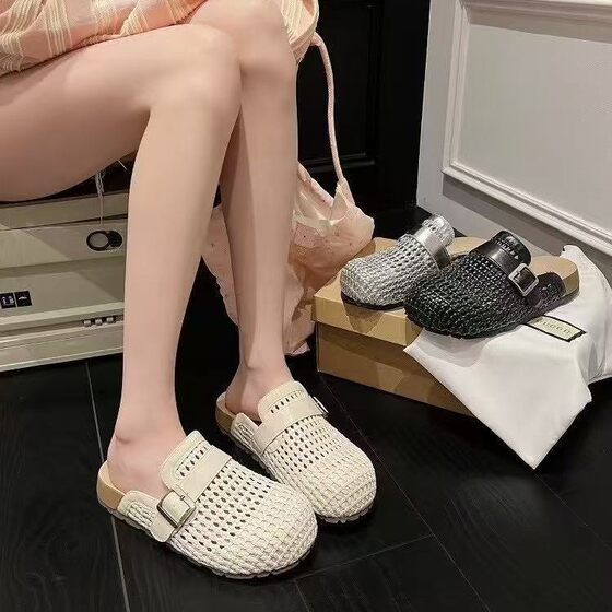 Vacation Style Woven Toe-Cap Half Slippers for Women 2025 Summer New Belt Buckle Breathable Birkenstock Outer Wear Beach Sandals