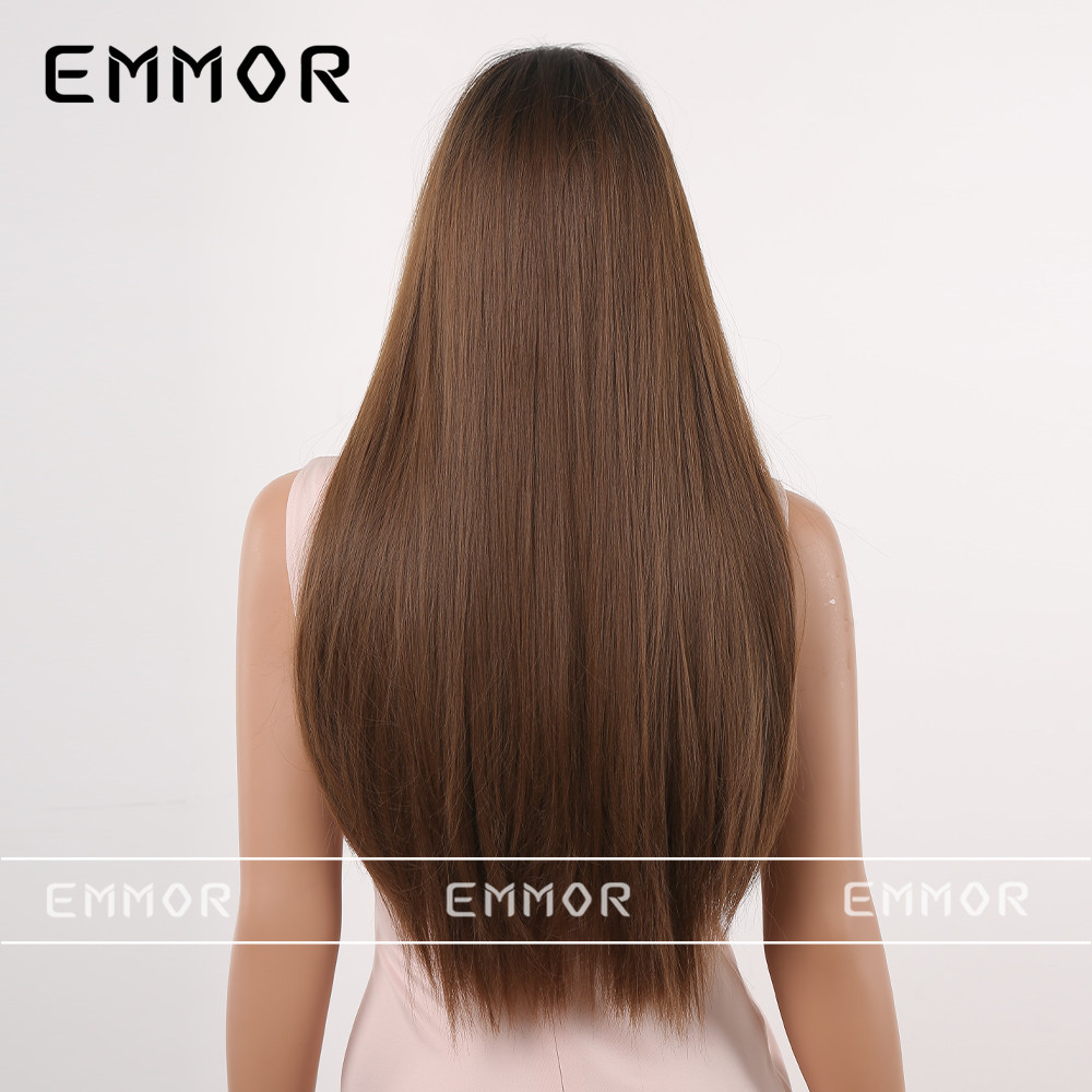 Peluca natural realista de las mujeres flequillo de aire larga recta gradiente de cabello marrón oscuro peluca europea y americana Peluca de cabeza completa peluca