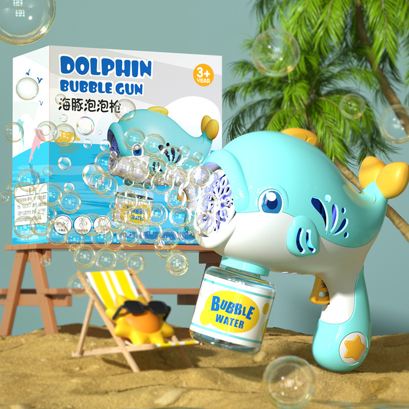 Pistola de burbuja eléctrica Dolphin de dibujos animados para niños sin líquidos burbuja porosa ligera pistola de burbuja automática de mano para niños