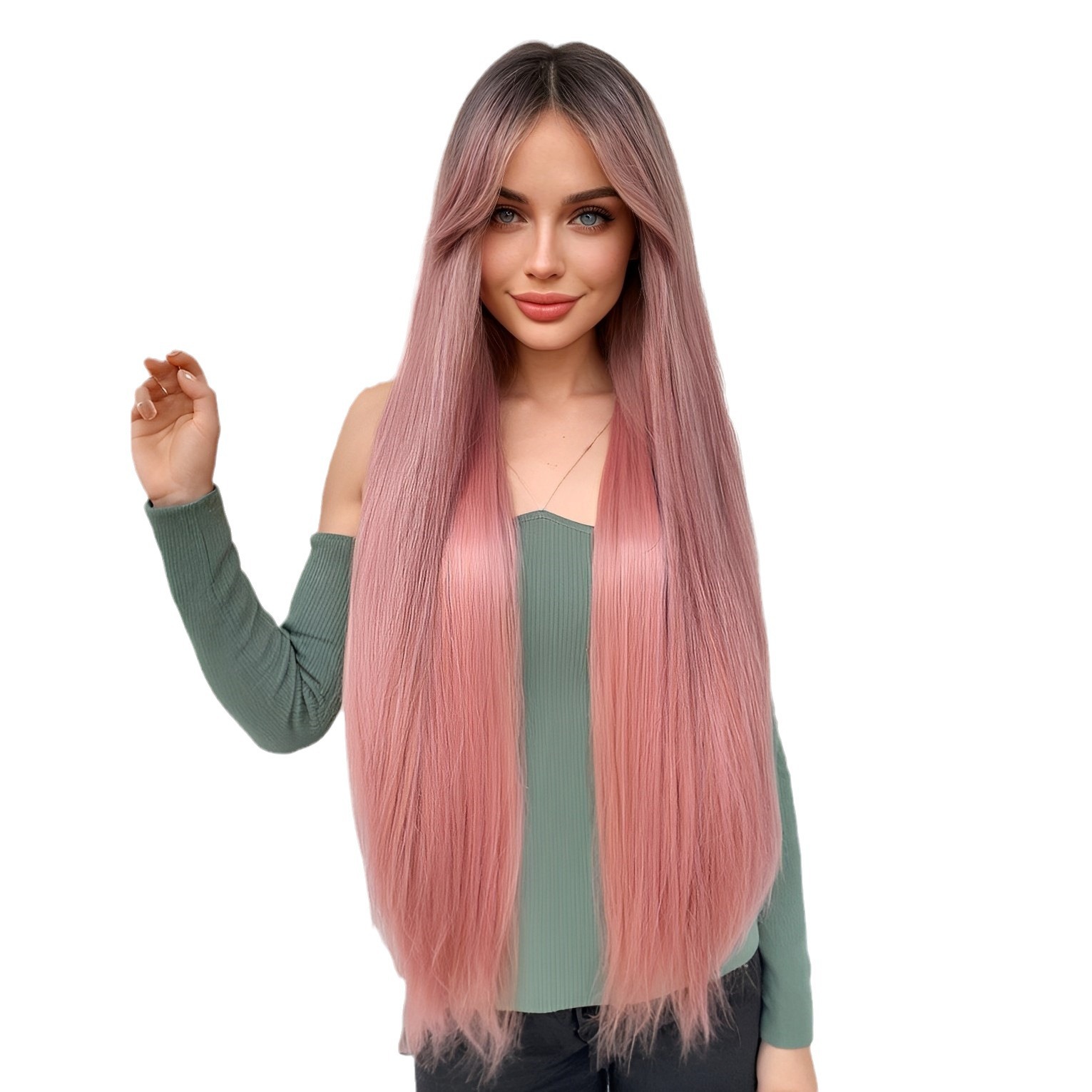 Peluca tipo de cabello completo europeo y americano transfronterizo de ocho caracteres flequillo degradado rosa temperamento natural cabeza alta cabello largo y liso wigs