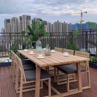 Outdoor Anticorrosive Wood Tables and Chairs Courtyard Outdoor Garden Waterproof Sunscreen Teak Table Old Solid Wood Leisure Furniture Combination
