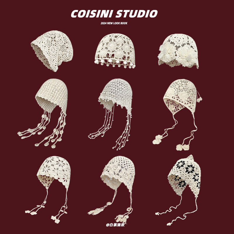 波西米亚手工编织镂空包头帽女士钩花民族风旅行拍照套头针织帽子