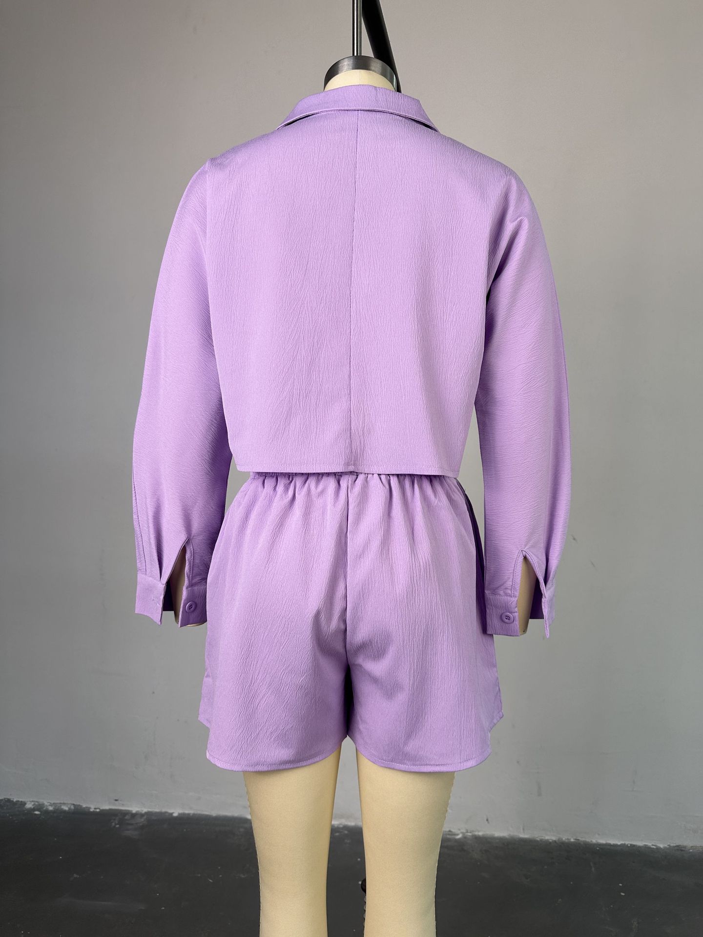Women Clothing Summer Sweet Fresh Suit Collar Long Sleeve Shirt High Waist Drawstring Shorts Casual Suit