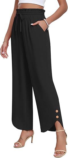 Women's High-Waisted Wide Leg Trousers Casual Drawstring Loose Business Style Adjustable Fit Bottoms_ecoleips.com