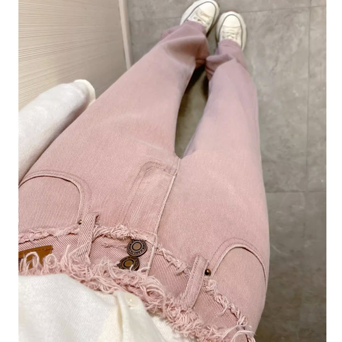 Dirty pink frayed design straight-leg women's autumn loose slim-fitting versatile high-waist wide-leg pants trendy