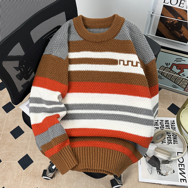 Otoño y invierno a rayas de lana de color coreana estilo de moda pareja ropa de punto perezosa suéter retro de colores masculino y femenino