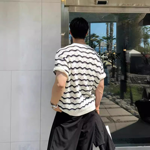 Men's T-shirt Short Sleeve Summer Streetwear High-End Heavy Work Hollow Knit Top with Floral Wave Striped T-shirt