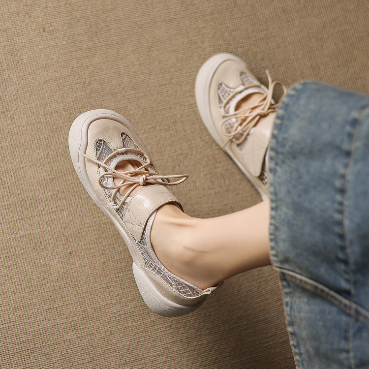 Giày sneaker nữ đế dày ren lưới phối màu cổ thấp — màu trắng ngà chi tiết 30
