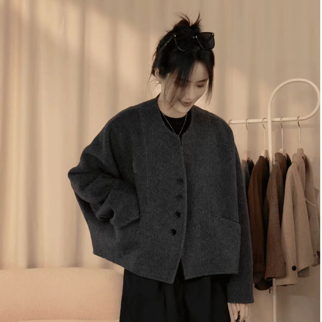 Round Neck Woolen Dark Gray Outwear for Women Spring & Fall New Korean Style Loose Casual Slim Cardigan Short Outwear for Women