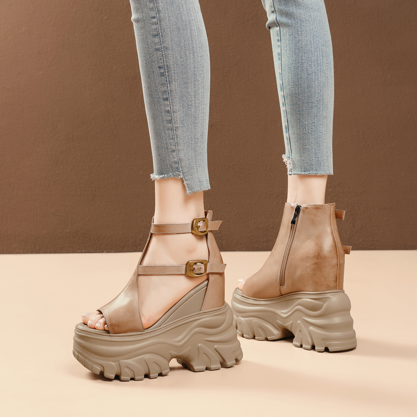 Sandal cao gót nữ mũi hở phong cách La Mã đế xuồng gót 14 cm — màu nâu, màu đen