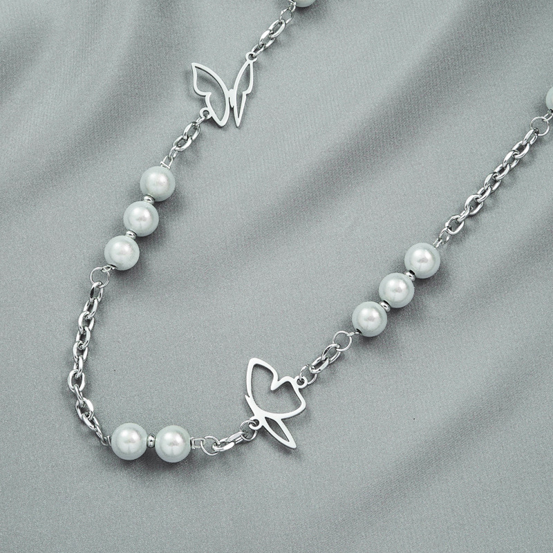 New Pearl Titanium Steel Butterfly Necklace Clavicle Chain Accessories display picture 4