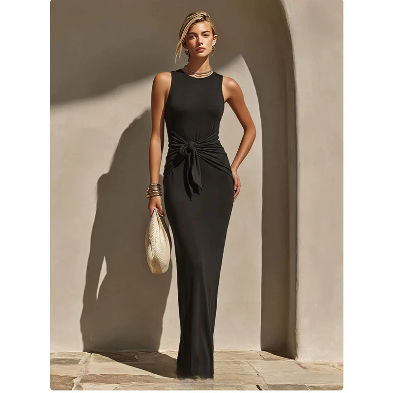 New Fashion Round-Neck Sleeveless Waist-Cinching Belt Bodycon Elegant Simple Long Dress from European and American Cross-Border Independent Websites New Fashion Round-Neck Sleeveless Waist-Cinching Belt Bodycon Elegant Simple Long Dress from European and American Cross-Border Independent Websites
