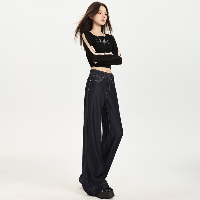 vfvk深蓝色微喇牛仔裤女2025新款小个子不贴腿宽松弹力喇叭裤裤子|undefined