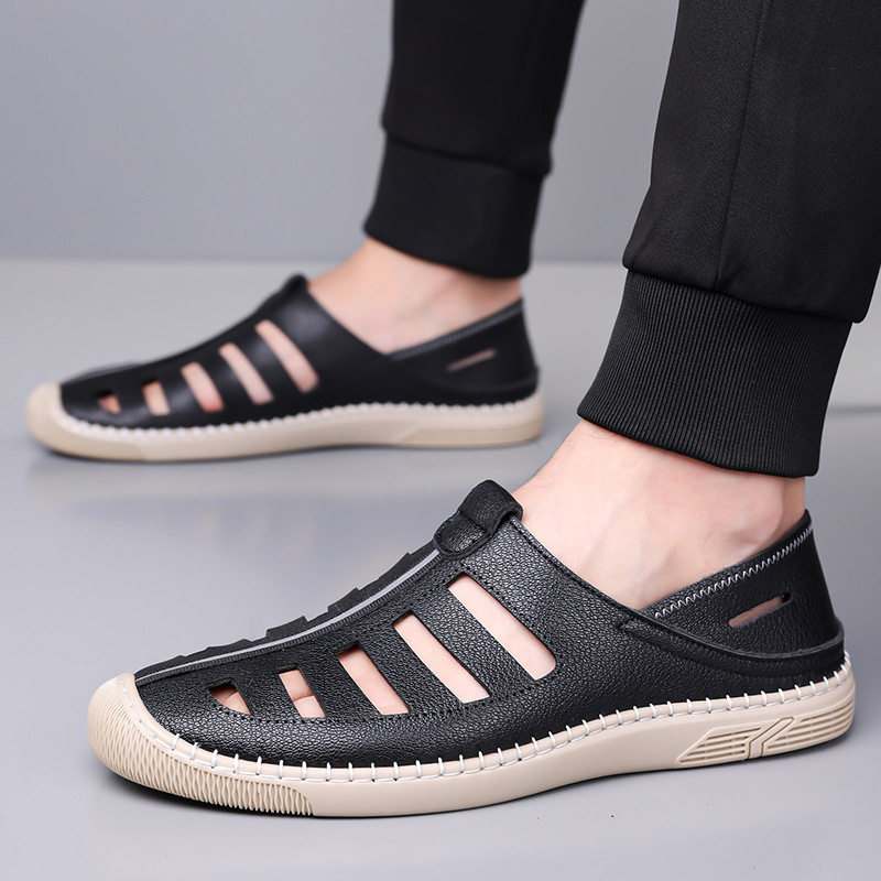 Giày lười sandal nam thoáng khí khoét lỗ, mũi tròn, đế cao su chống trượt — Màu nâu, màu đen