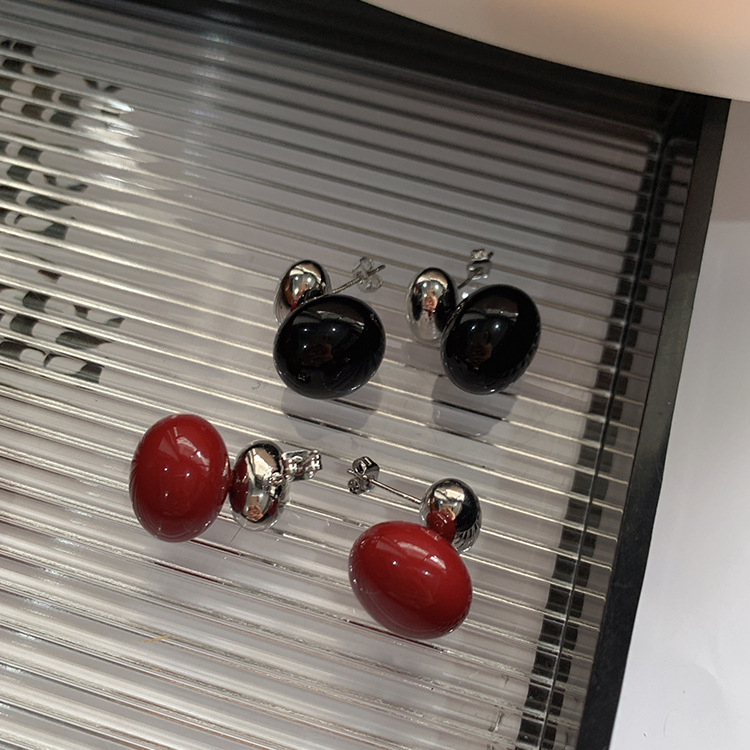 925銀針法式氣質耳釘復古秋冬黑色酒紅色麵包珠復古耳環百搭耳飾